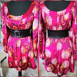 RARE Vintage Arden B Satin Floral Magenta Dress Puffball Hemline Sz Small